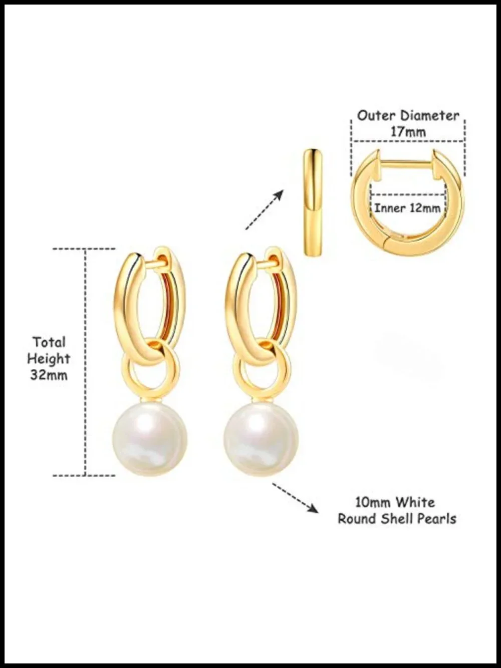 Gold Plated Huggie Hoop Earrings with Pearl Charms Drop Dangle for Women